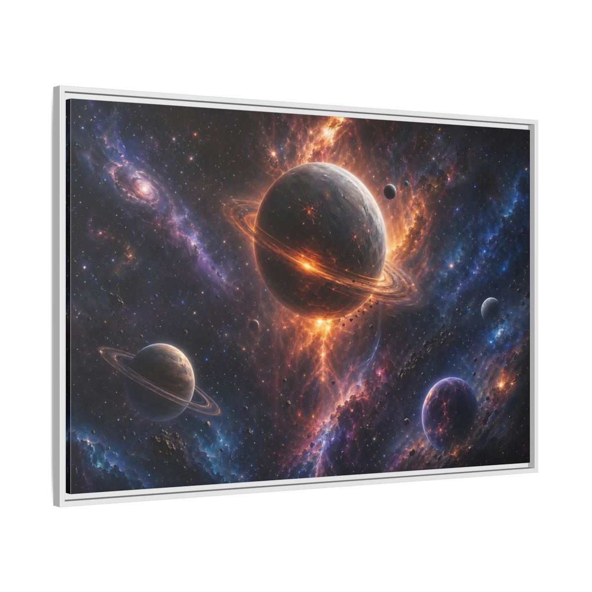 Side Mockup 7. Science Fiction Planets Orange Purple Space shown as stretched canvas wall art