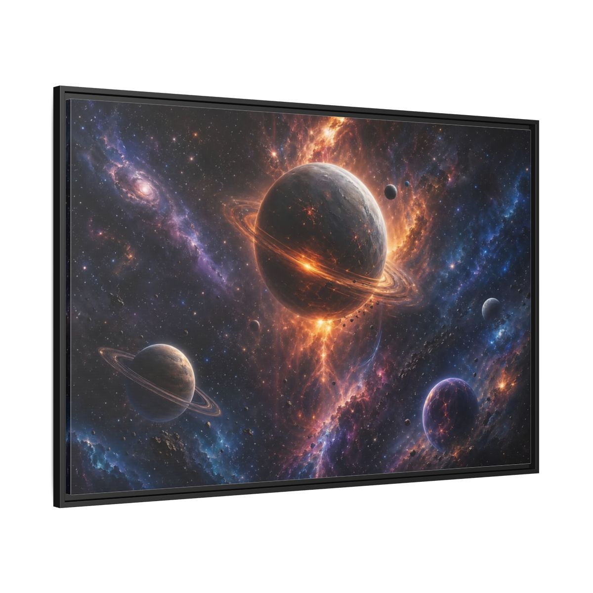 Side Mockup 12. Science Fiction Planets Orange Purple Space shown as stretched canvas wall art
