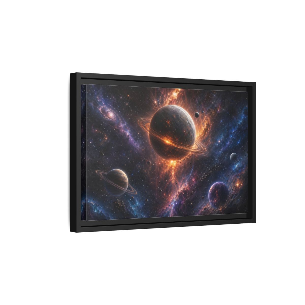 Side Mockup 6. Science Fiction Planets Orange Purple Space shown as stretched canvas wall art