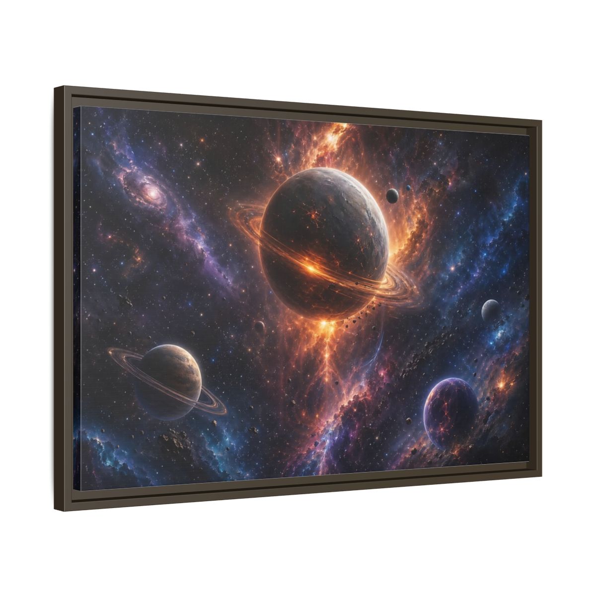 Side Mockup 11. Science Fiction Planets Orange Purple Space shown as stretched canvas wall art