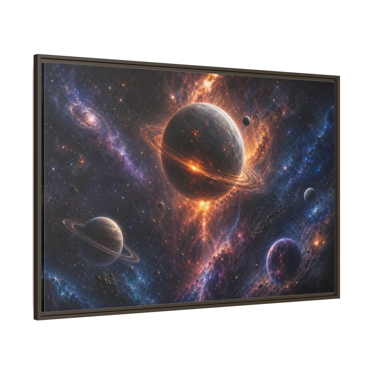 Side Mockup 8. Science Fiction Planets Orange Purple Space shown as stretched canvas wall art
