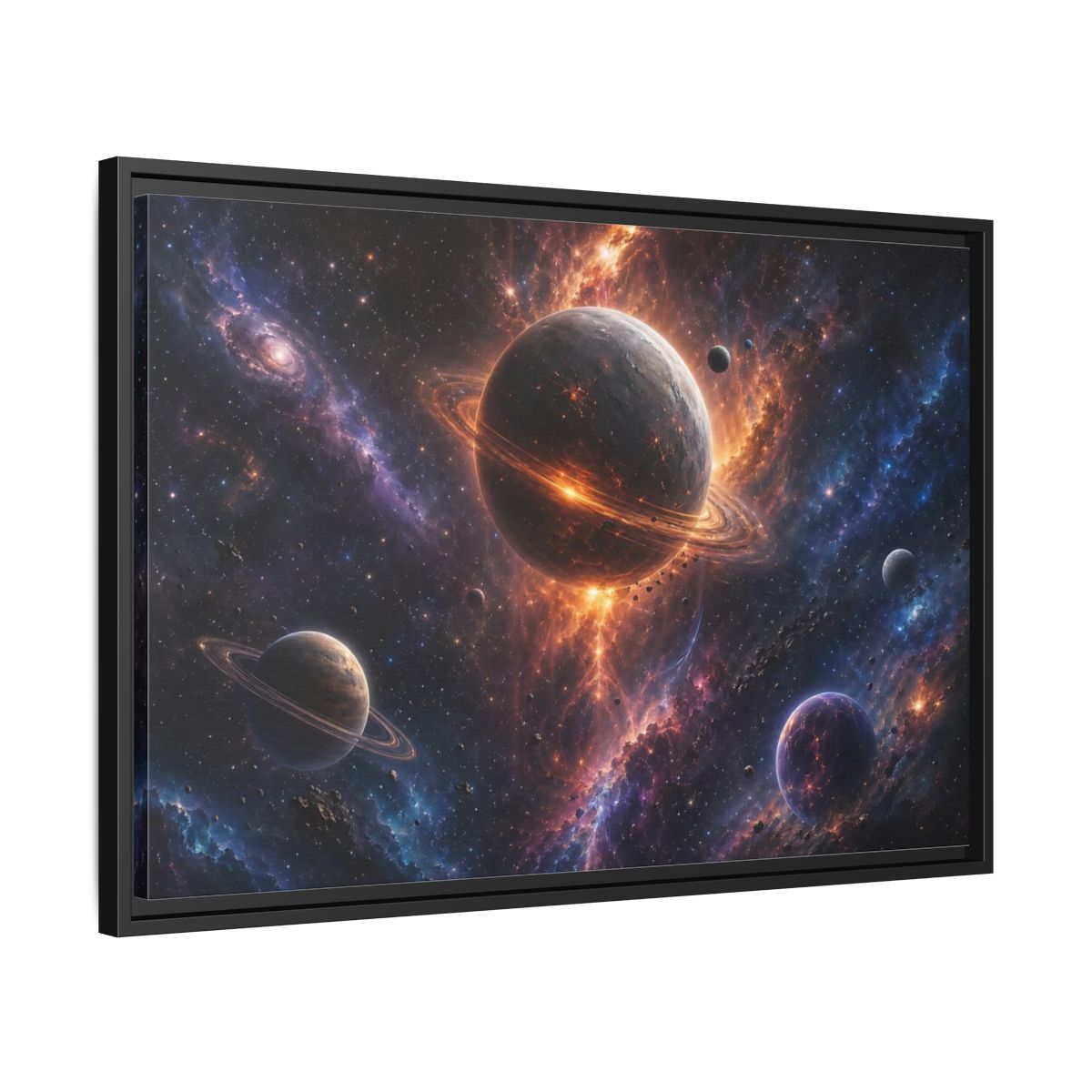 Side Mockup 14. Science Fiction Planets Orange Purple Space shown as stretched canvas wall art