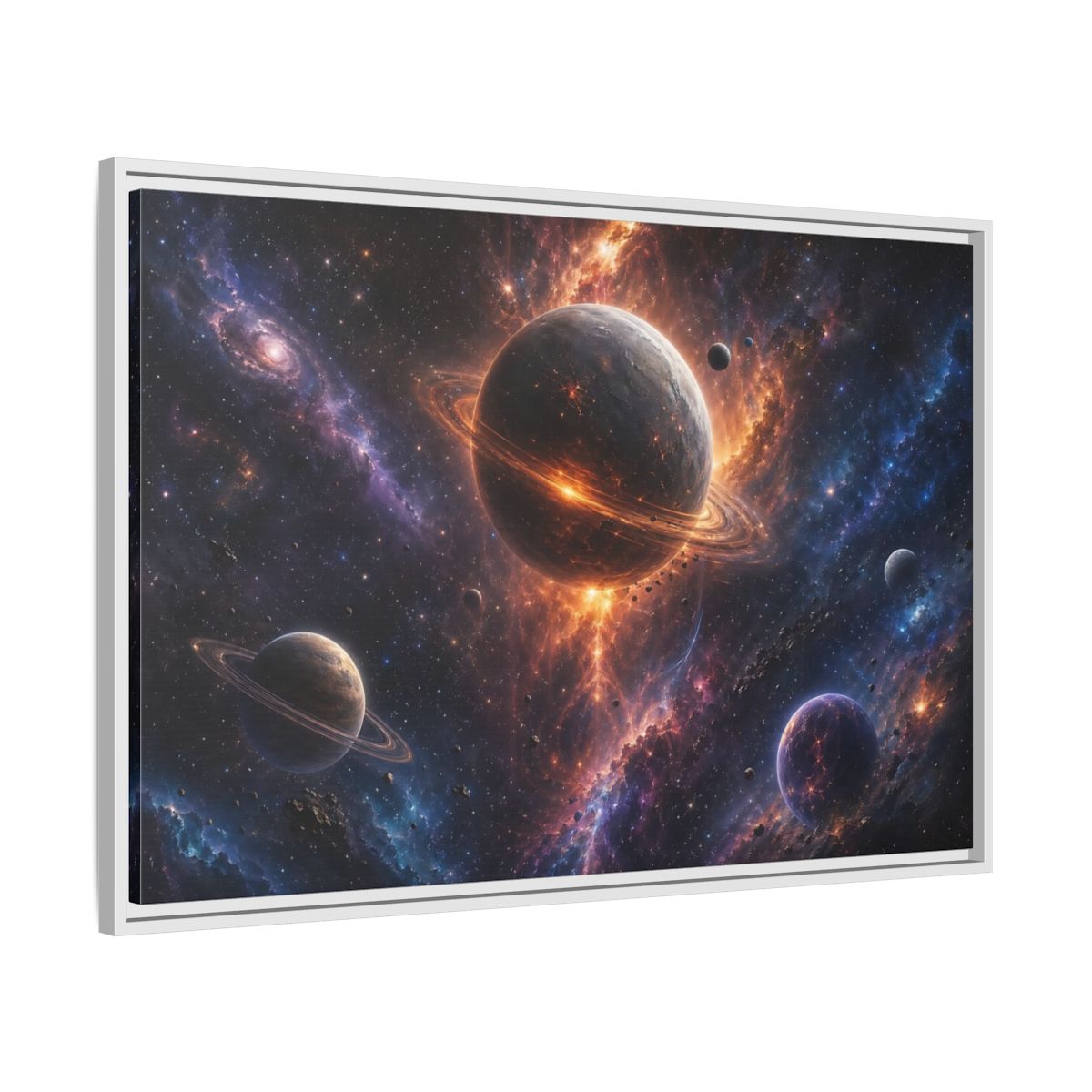 Side Mockup 9. Science Fiction Planets Orange Purple Space shown as stretched canvas wall art