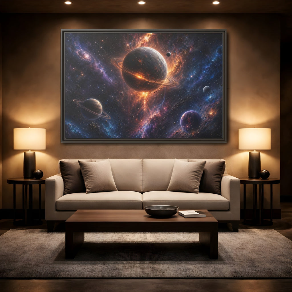 Mockup 2. Science Fiction Planets Orange Purple Space shown as stretched canvas wall art