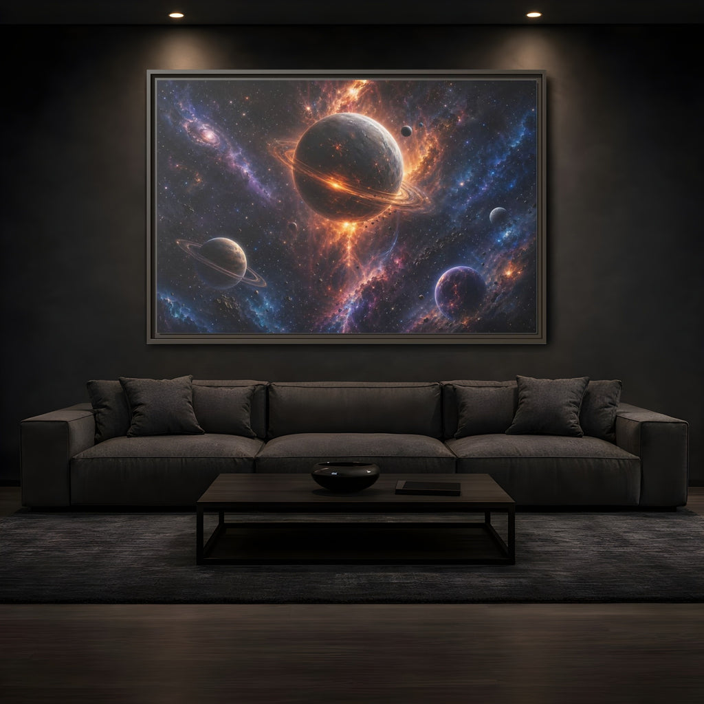 Mockup 3. Science Fiction Planets Orange Purple Space shown as stretched canvas wall art