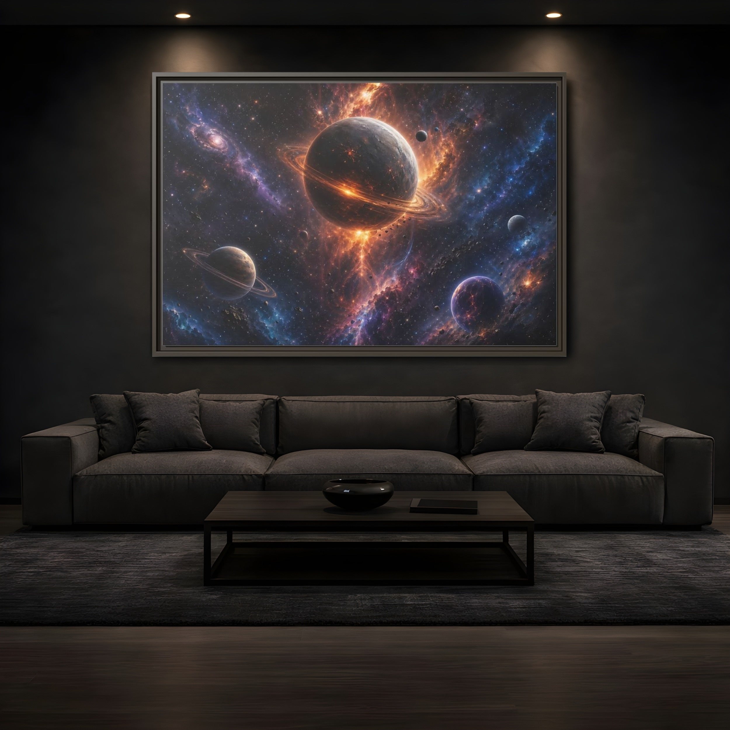 Mockup 3. Science Fiction Planets Orange Purple Space shown as stretched canvas wall art
