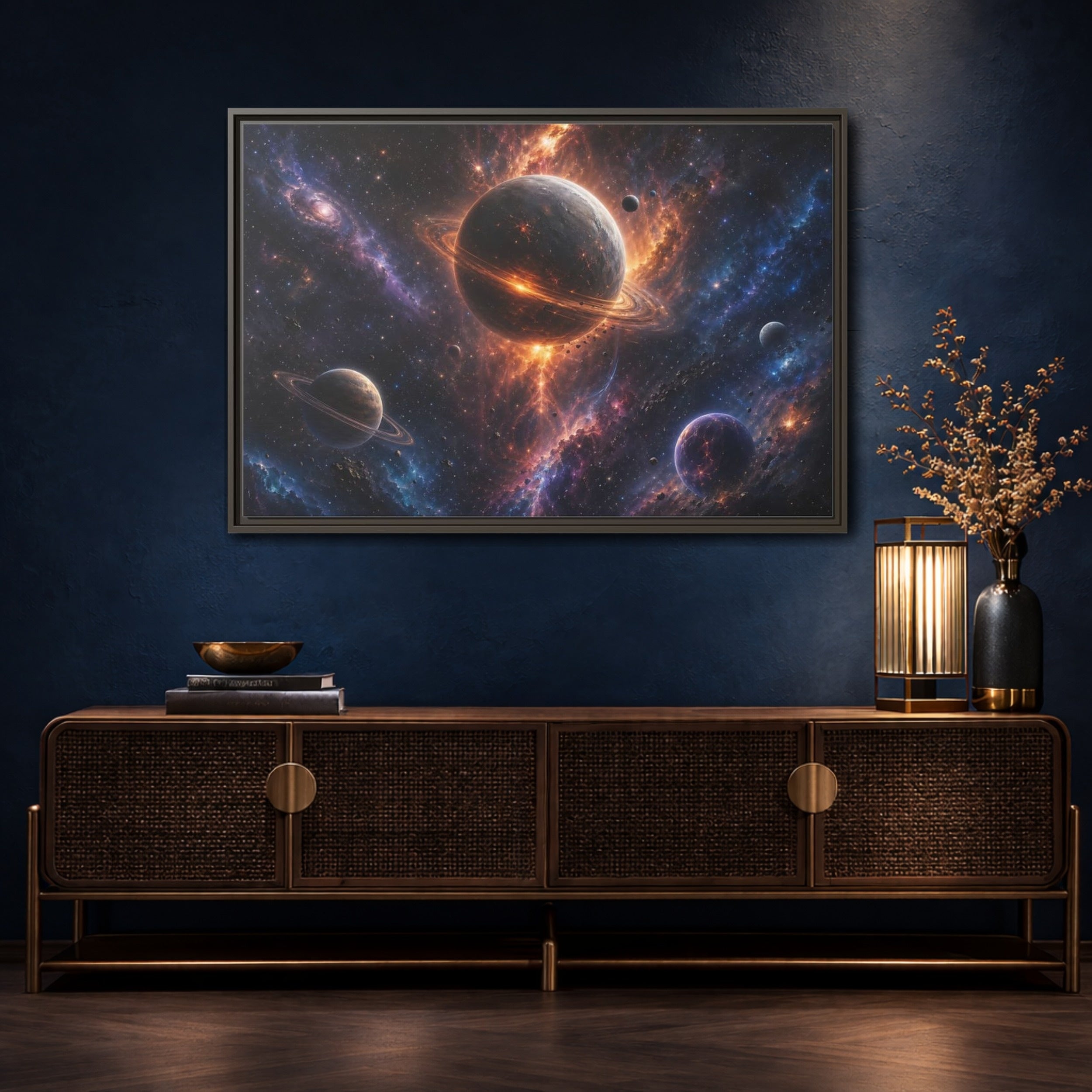 Mockup 4. Science Fiction Planets Orange Purple Space shown as stretched canvas wall art