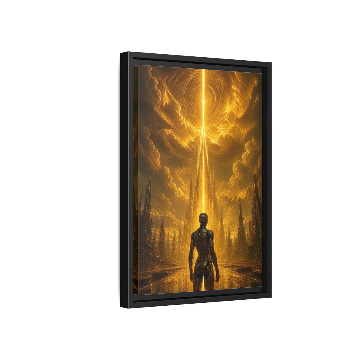 Side Mockup 6. Science Fiction Robot Gold And Black shown as stretched canvas wall art