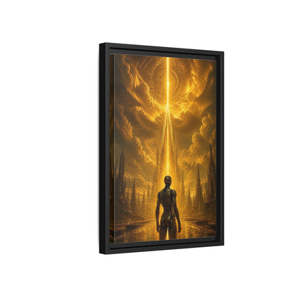 Side Mockup 6. Science Fiction Robot Gold And Black shown as stretched canvas wall art