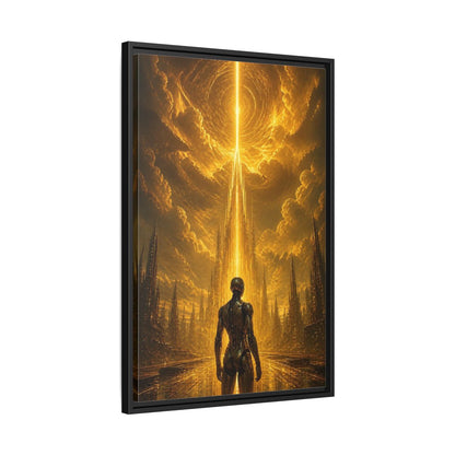 Side Mockup 14. Science Fiction Robot Gold And Black shown as stretched canvas wall art