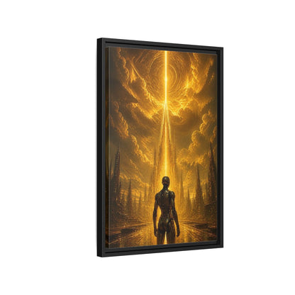 Side Mockup 3. Science Fiction Robot Gold And Black shown as stretched canvas wall art