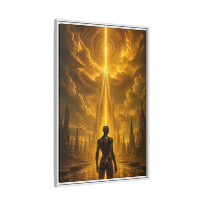 Side Mockup 9. Science Fiction Robot Gold And Black shown as stretched canvas wall art