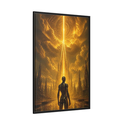 Side Mockup 12. Science Fiction Robot Gold And Black shown as stretched canvas wall art