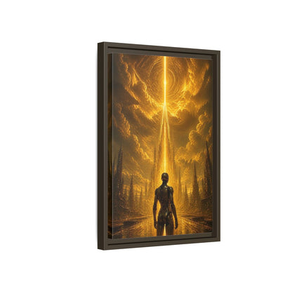 Side Mockup 5. Science Fiction Robot Gold And Black shown as stretched canvas wall art