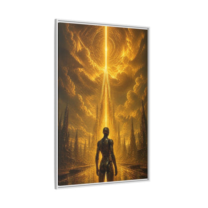 Side Mockup 7. Science Fiction Robot Gold And Black shown as stretched canvas wall art