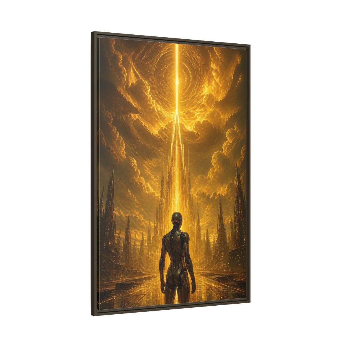 Side Mockup 8. Science Fiction Robot Gold And Black shown as stretched canvas wall art