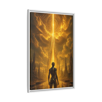 Side Mockup 10. Science Fiction Robot Gold And Black shown as stretched canvas wall art