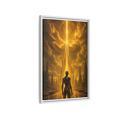 Side Mockup 1. Science Fiction Robot Gold And Black shown as stretched canvas wall art