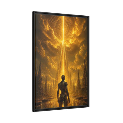 Side Mockup 13. Science Fiction Robot Gold And Black shown as stretched canvas wall art