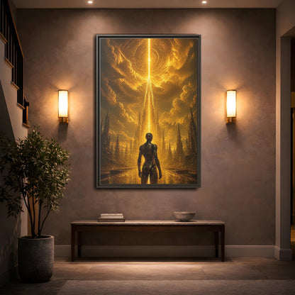 Mockup 2. Science Fiction Robot Gold And Black shown as stretched canvas wall art