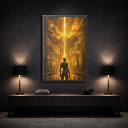 Mockup 3. Science Fiction Robot Gold And Black shown as stretched canvas wall art