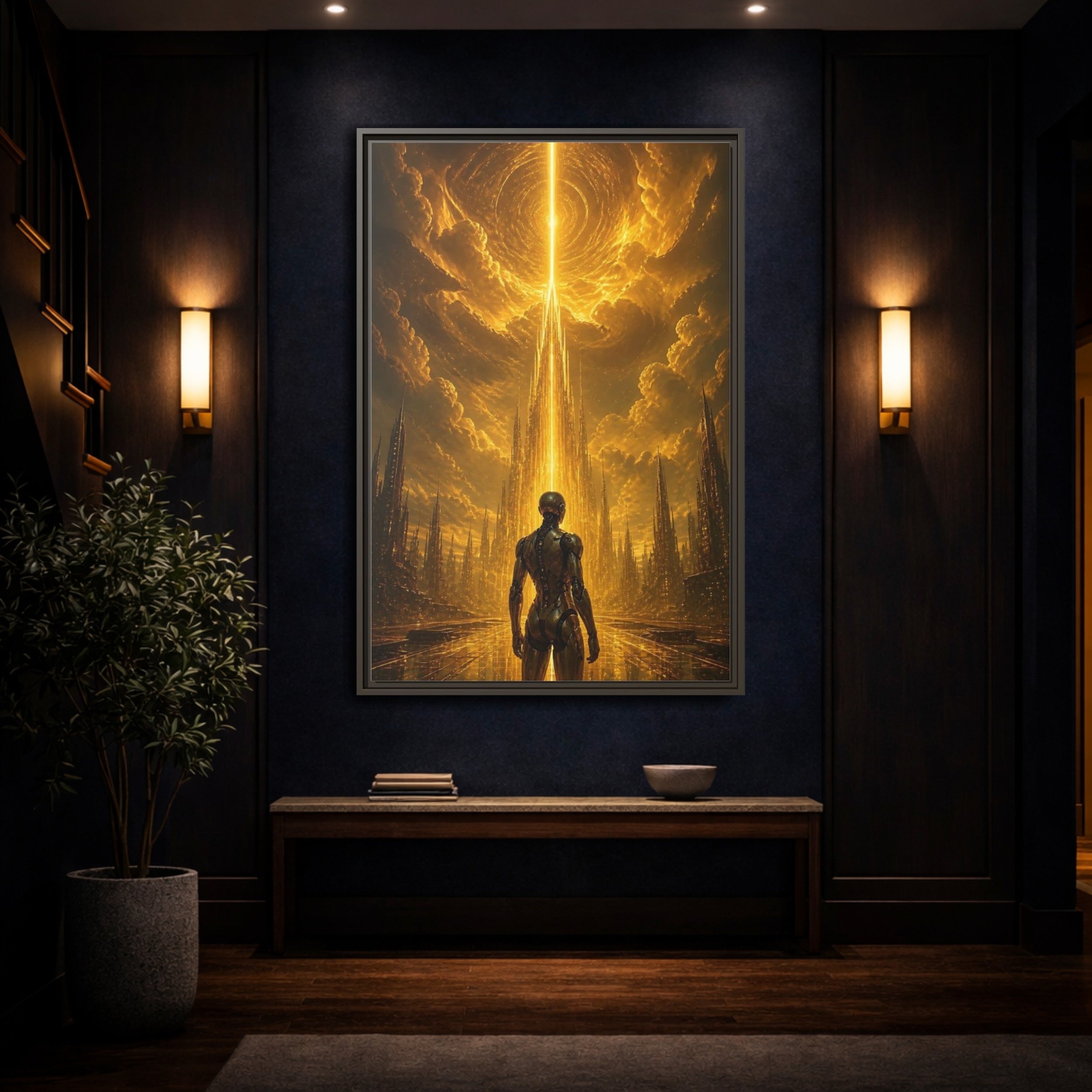 Mockup 4. Science Fiction Robot Gold And Black shown as stretched canvas wall art