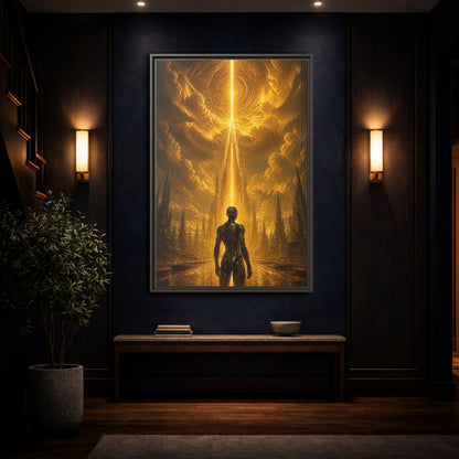 Mockup 4. Science Fiction Robot Gold And Black shown as stretched canvas wall art