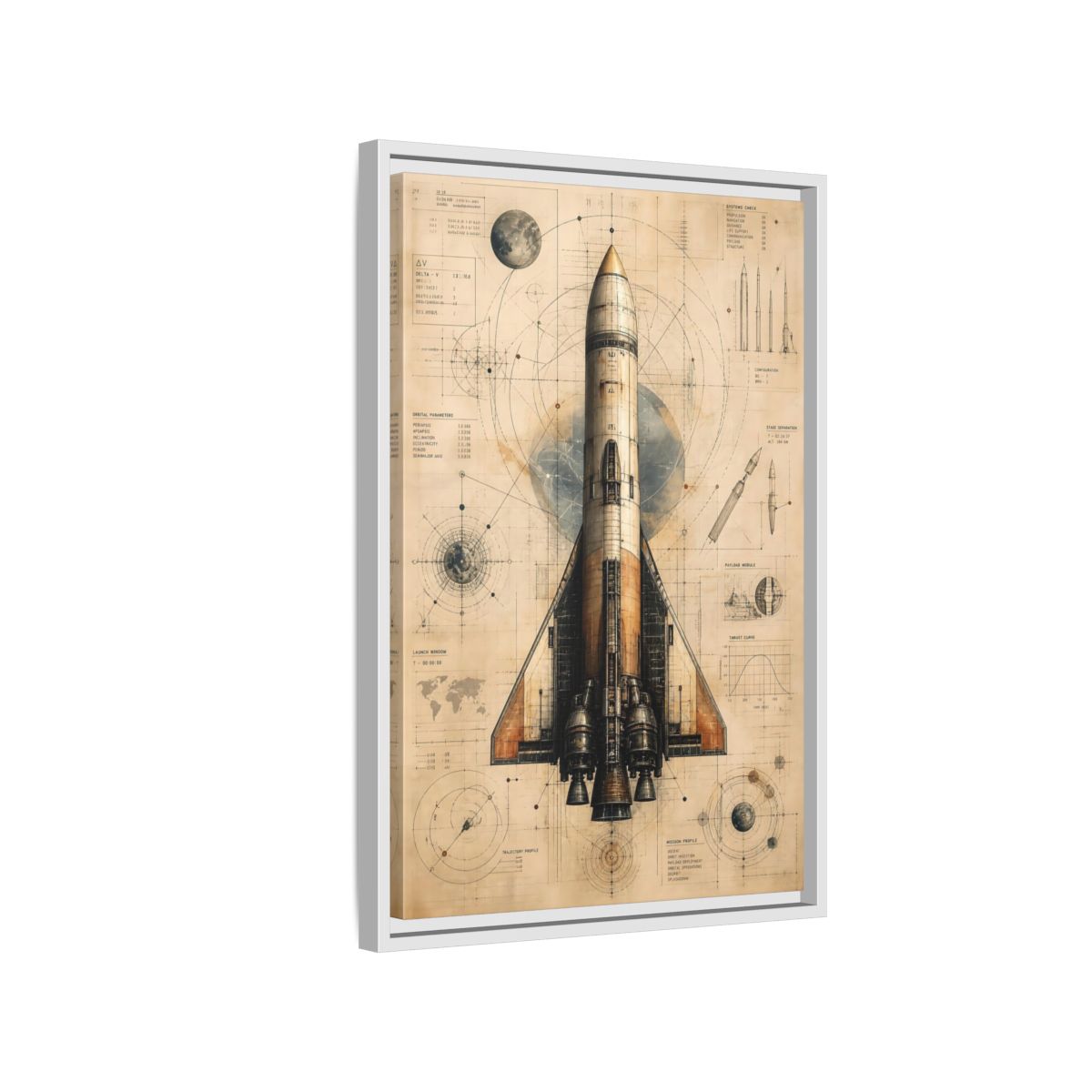 Side Mockup 1. Science Fiction Rocket Retro Space Blueprint shown as stretched canvas wall art