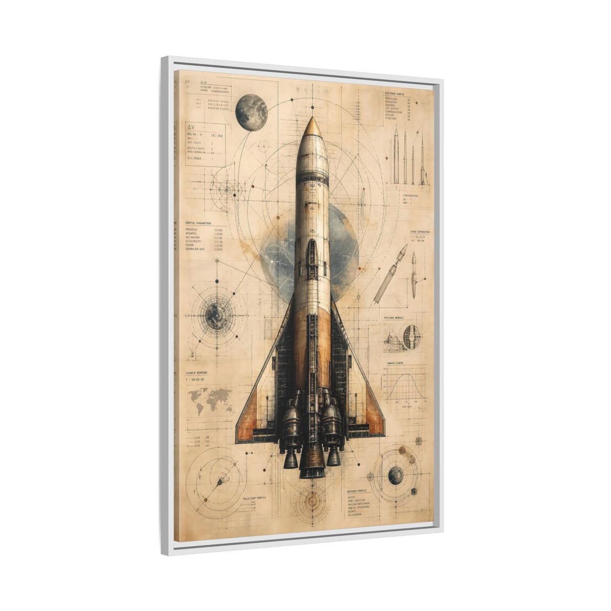 Side Mockup 9. Science Fiction Rocket Retro Space Blueprint shown as stretched canvas wall art
