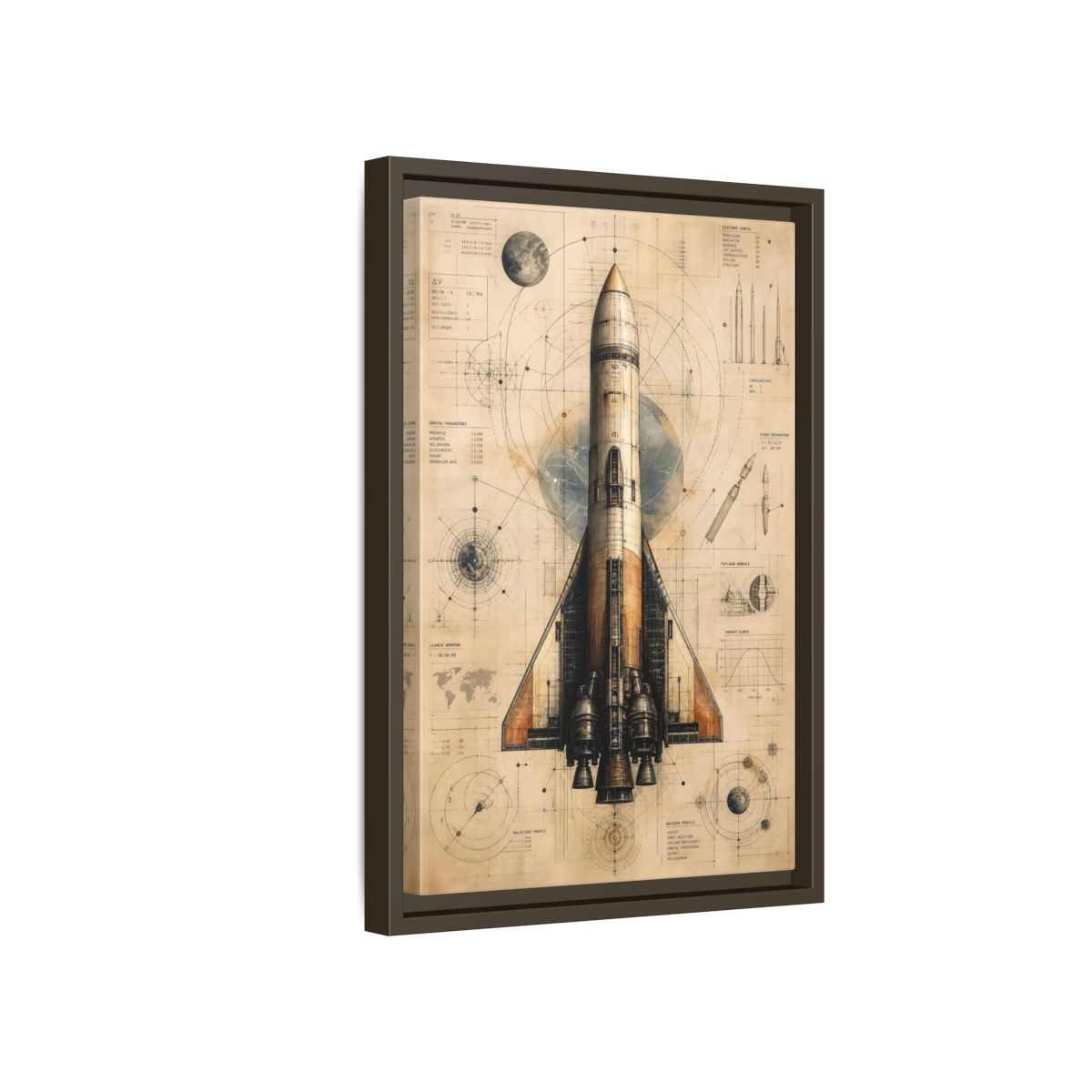 Side Mockup 5. Science Fiction Rocket Retro Space Blueprint shown as stretched canvas wall art