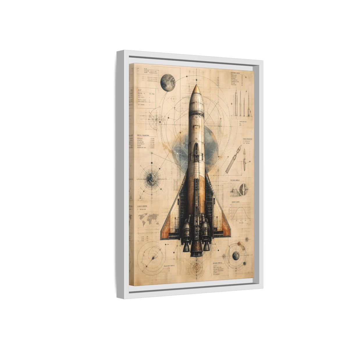 Side Mockup 4. Science Fiction Rocket Retro Space Blueprint shown as stretched canvas wall art