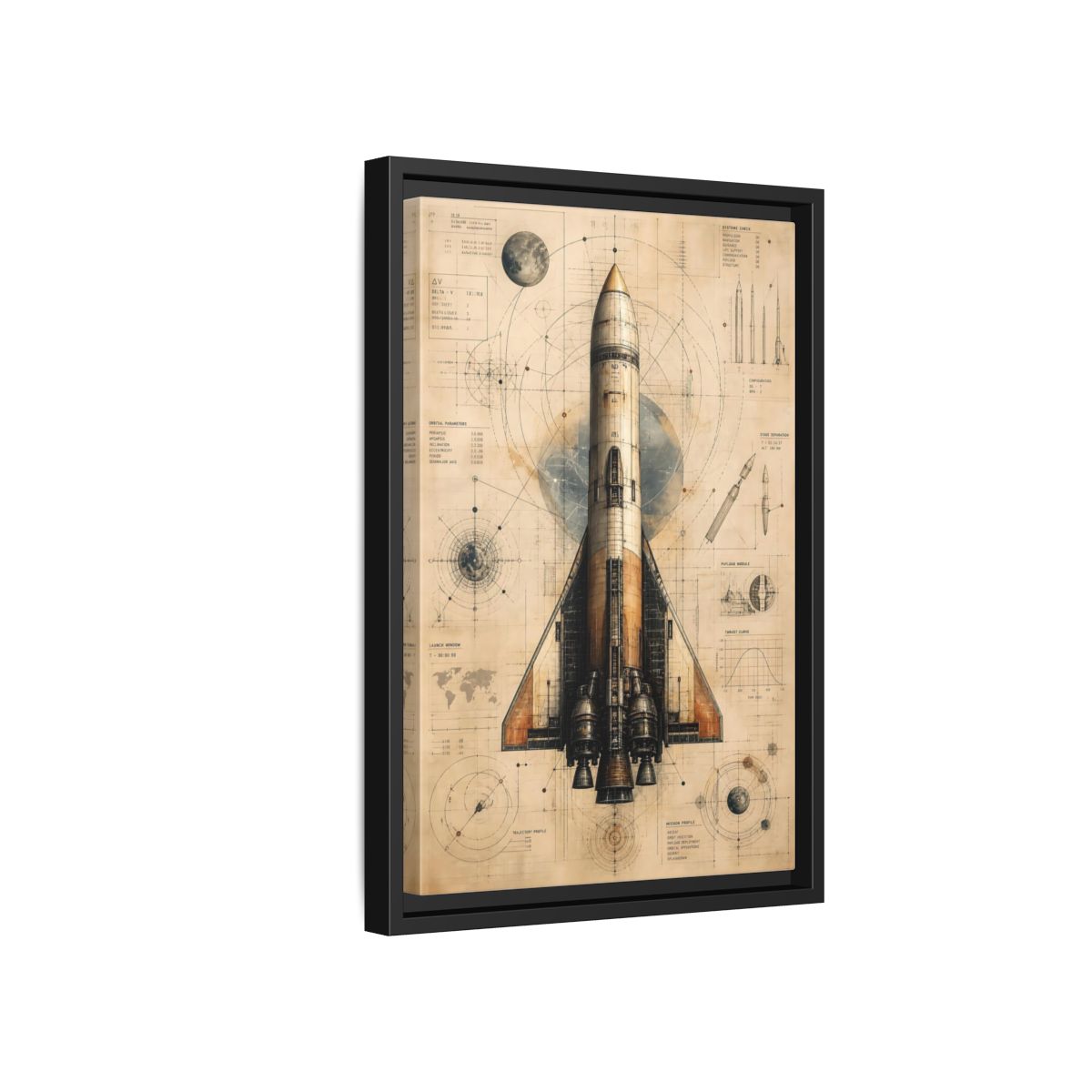 Side Mockup 6. Science Fiction Rocket Retro Space Blueprint shown as stretched canvas wall art