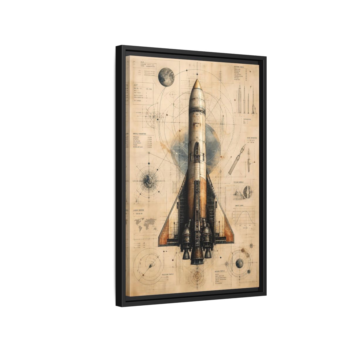 Side Mockup 3. Science Fiction Rocket Retro Space Blueprint shown as stretched canvas wall art