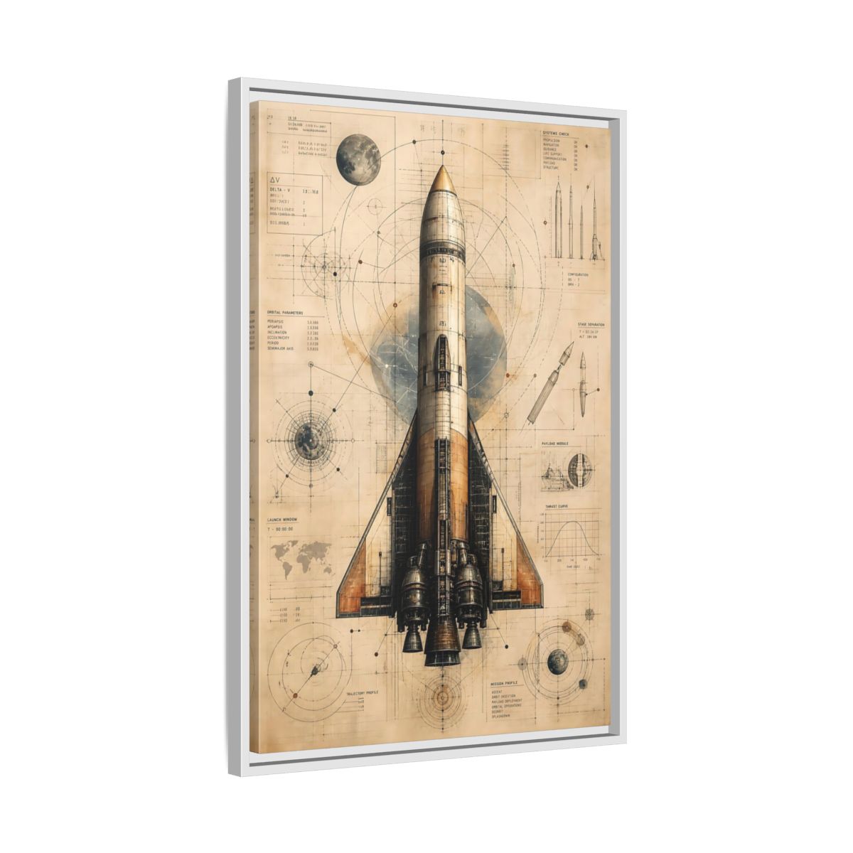 Side Mockup 10. Science Fiction Rocket Retro Space Blueprint shown as stretched canvas wall art