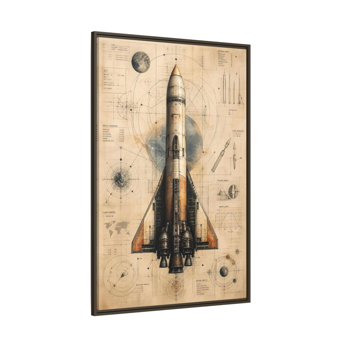 Side Mockup 8. Science Fiction Rocket Retro Space Blueprint shown as stretched canvas wall art