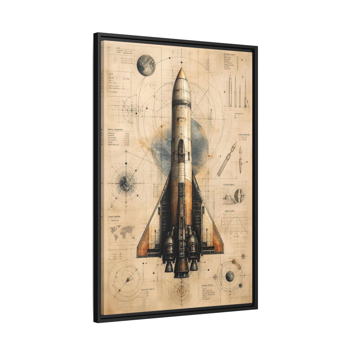Side Mockup 13. Science Fiction Rocket Retro Space Blueprint shown as stretched canvas wall art