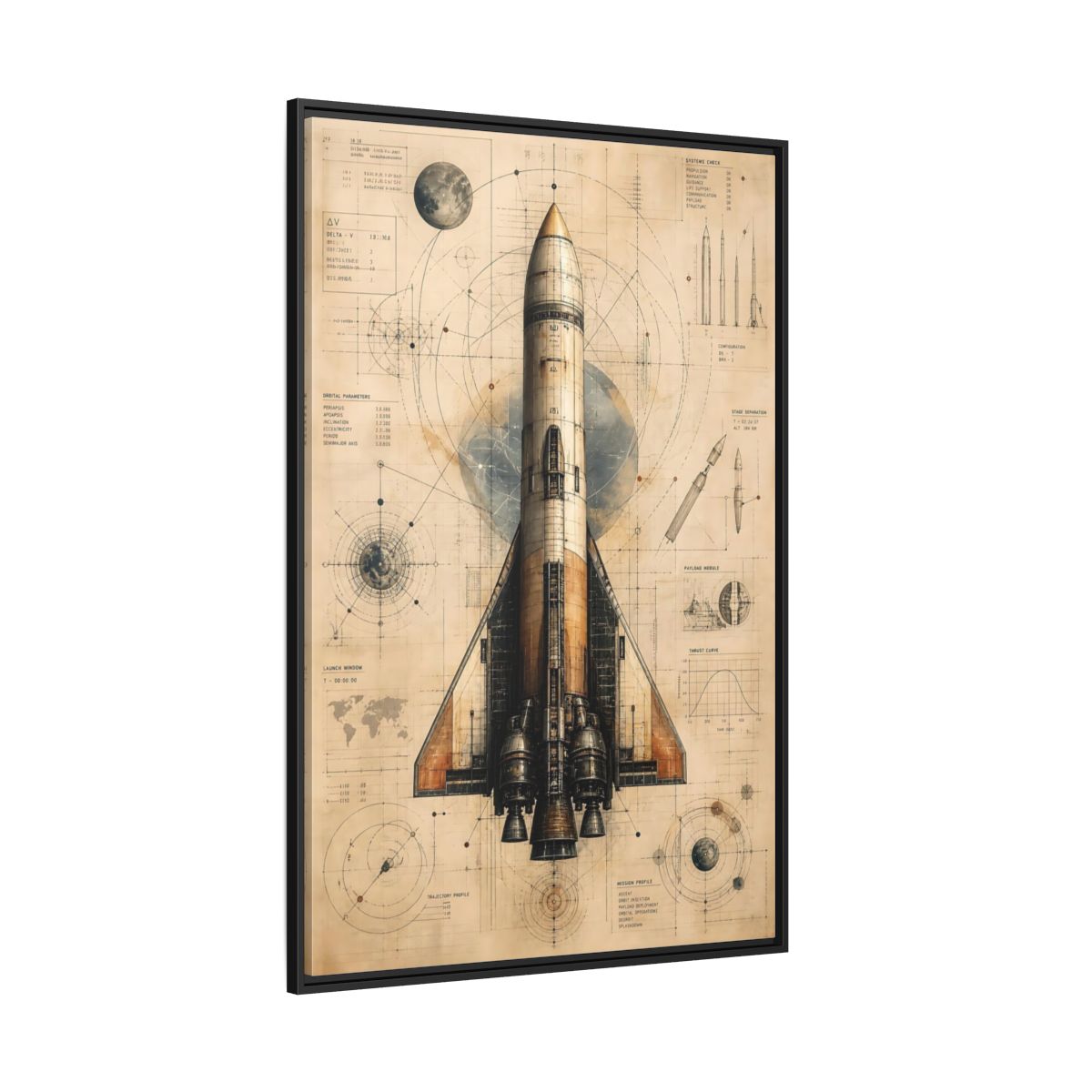 Side Mockup 12. Science Fiction Rocket Retro Space Blueprint shown as stretched canvas wall art