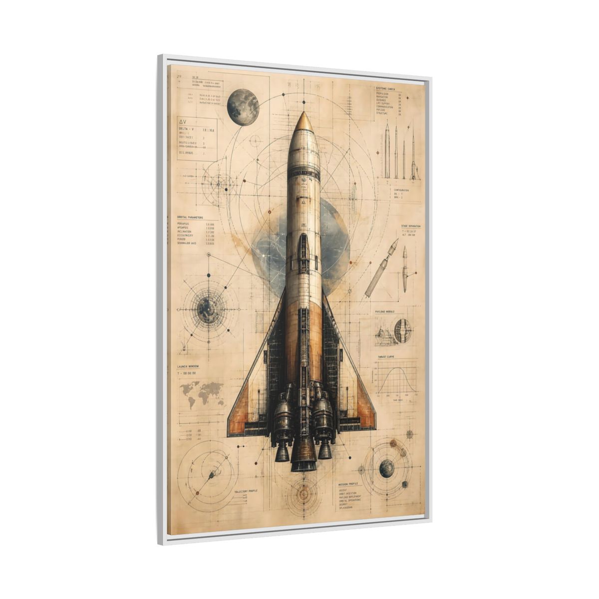 Side Mockup 7. Science Fiction Rocket Retro Space Blueprint shown as stretched canvas wall art