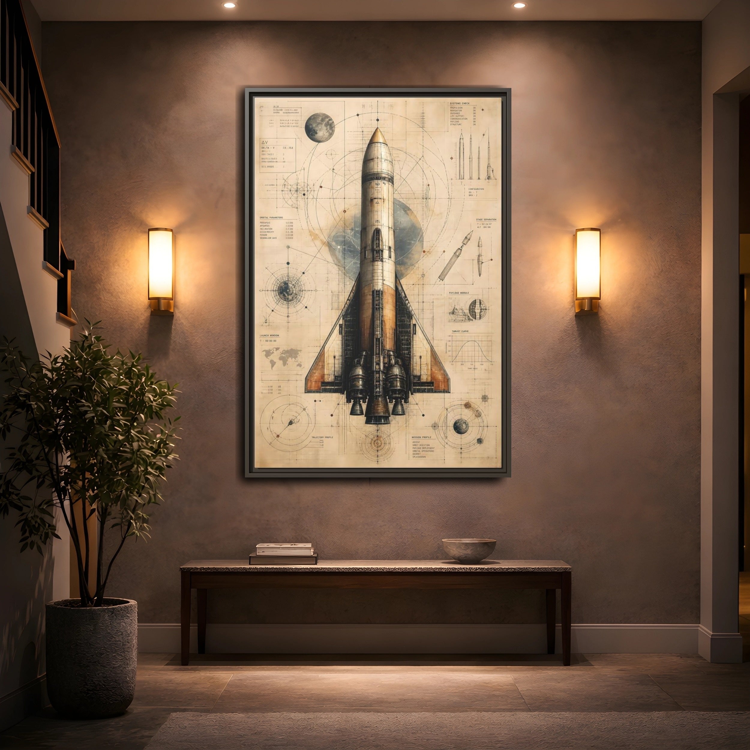Mockup 2. Science Fiction Rocket Retro Space Blueprint shown as stretched canvas wall art