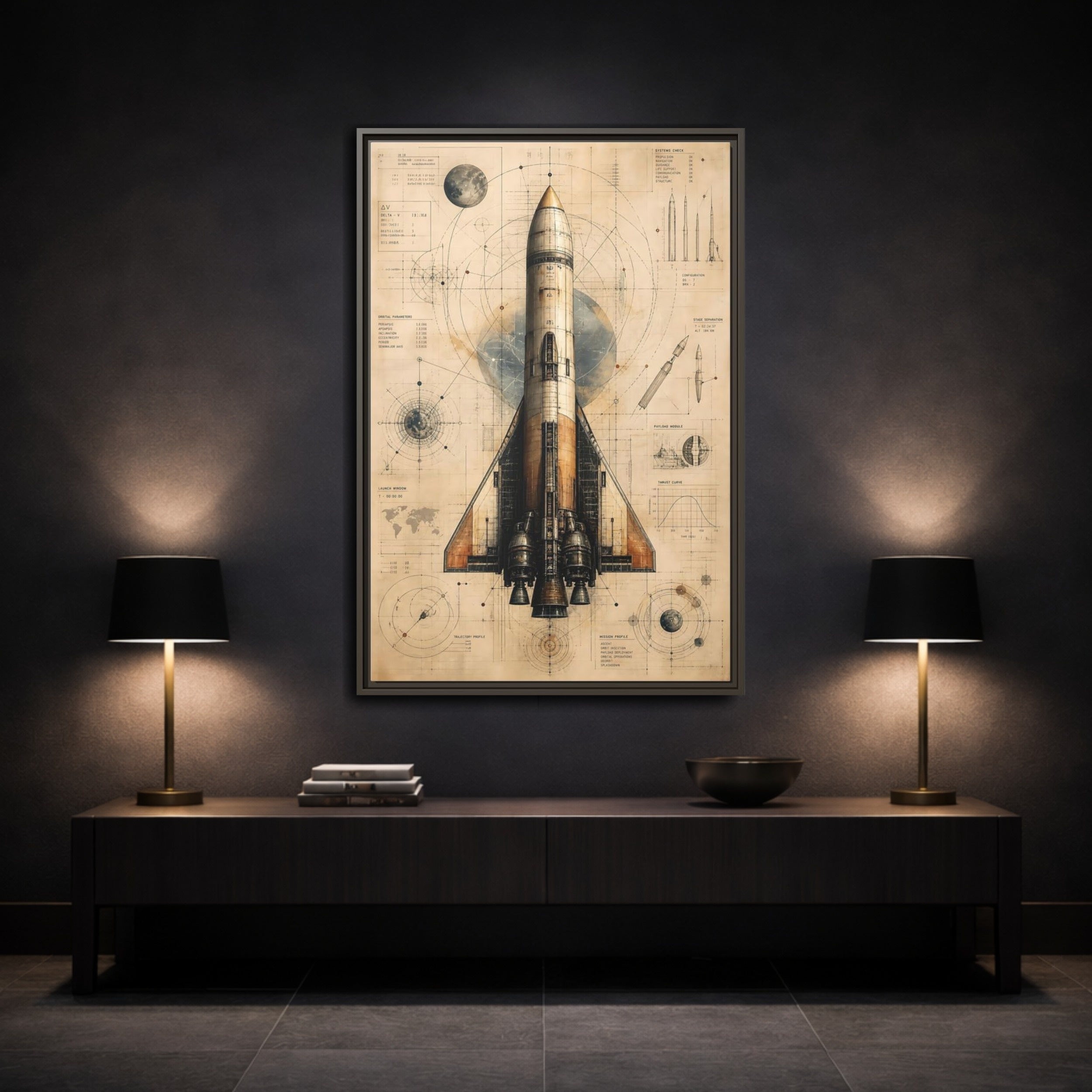 Mockup 3. Science Fiction Rocket Retro Space Blueprint shown as stretched canvas wall art
