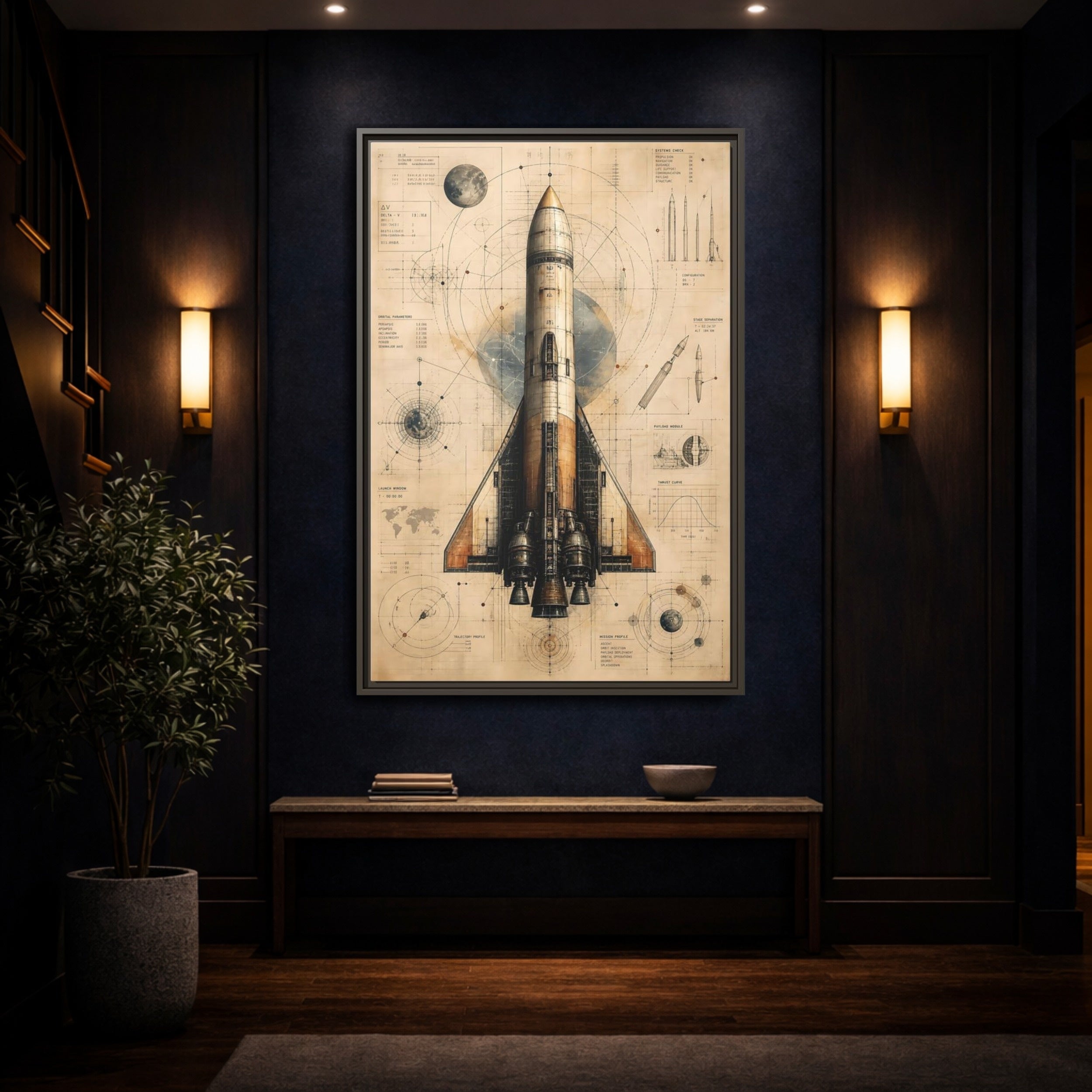 Mockup 4. Science Fiction Rocket Retro Space Blueprint shown as stretched canvas wall art
