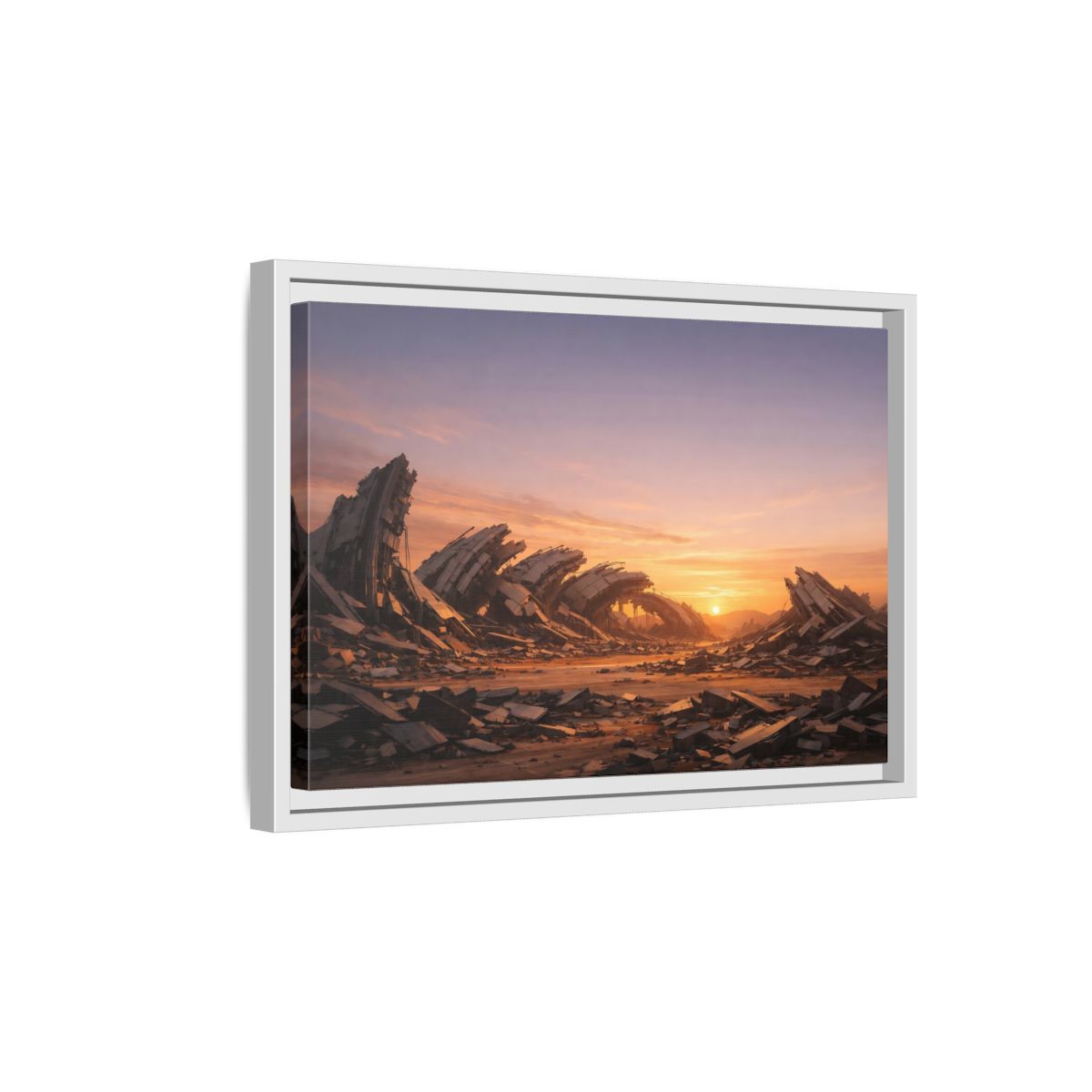 Side Mockup 4. Science Fiction Ruined City Orange And Purple shown as stretched canvas wall art