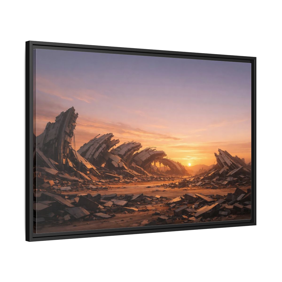 Side Mockup 13. Science Fiction Ruined City Orange And Purple shown as stretched canvas wall art