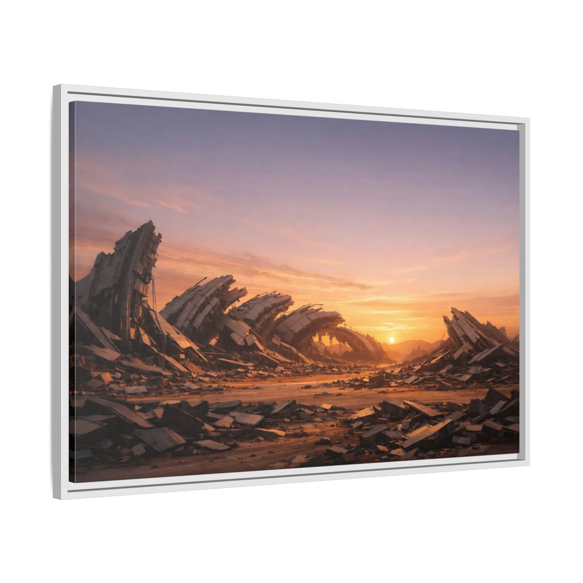 Side Mockup 9. Science Fiction Ruined City Orange And Purple shown as stretched canvas wall art
