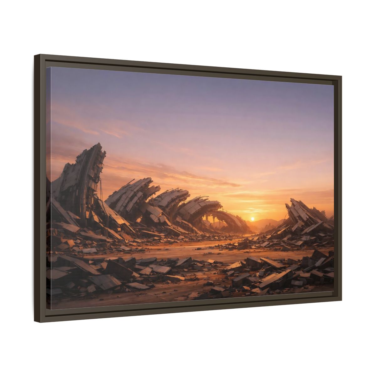 Side Mockup 11. Science Fiction Ruined City Orange And Purple shown as stretched canvas wall art