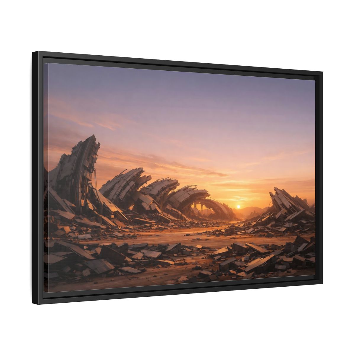 Side Mockup 14. Science Fiction Ruined City Orange And Purple shown as stretched canvas wall art