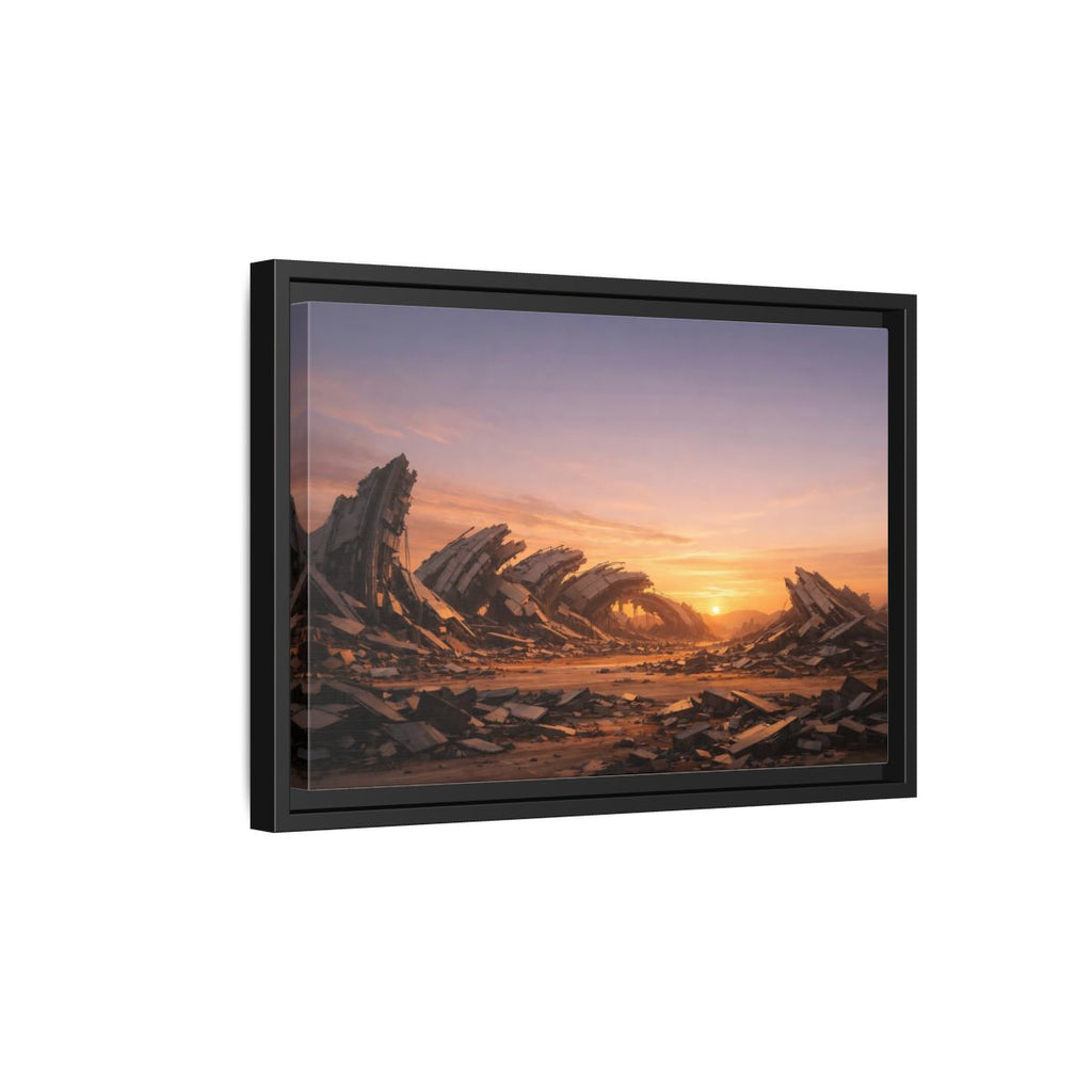 Side Mockup 6. Science Fiction Ruined City Orange And Purple shown as stretched canvas wall art