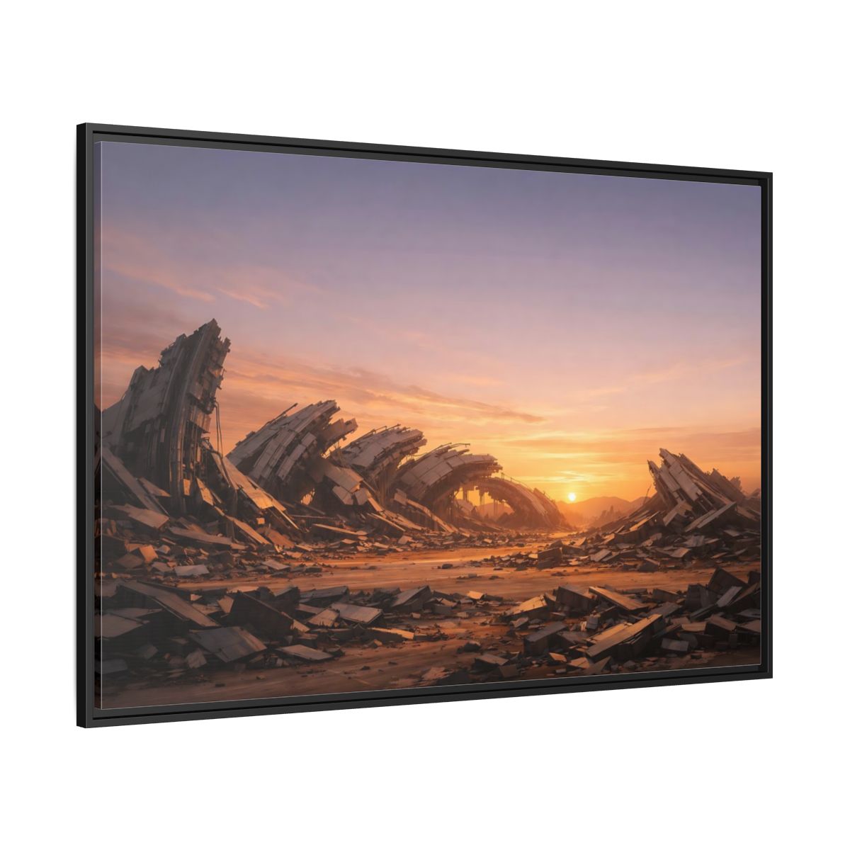 Side Mockup 12. Science Fiction Ruined City Orange And Purple shown as stretched canvas wall art