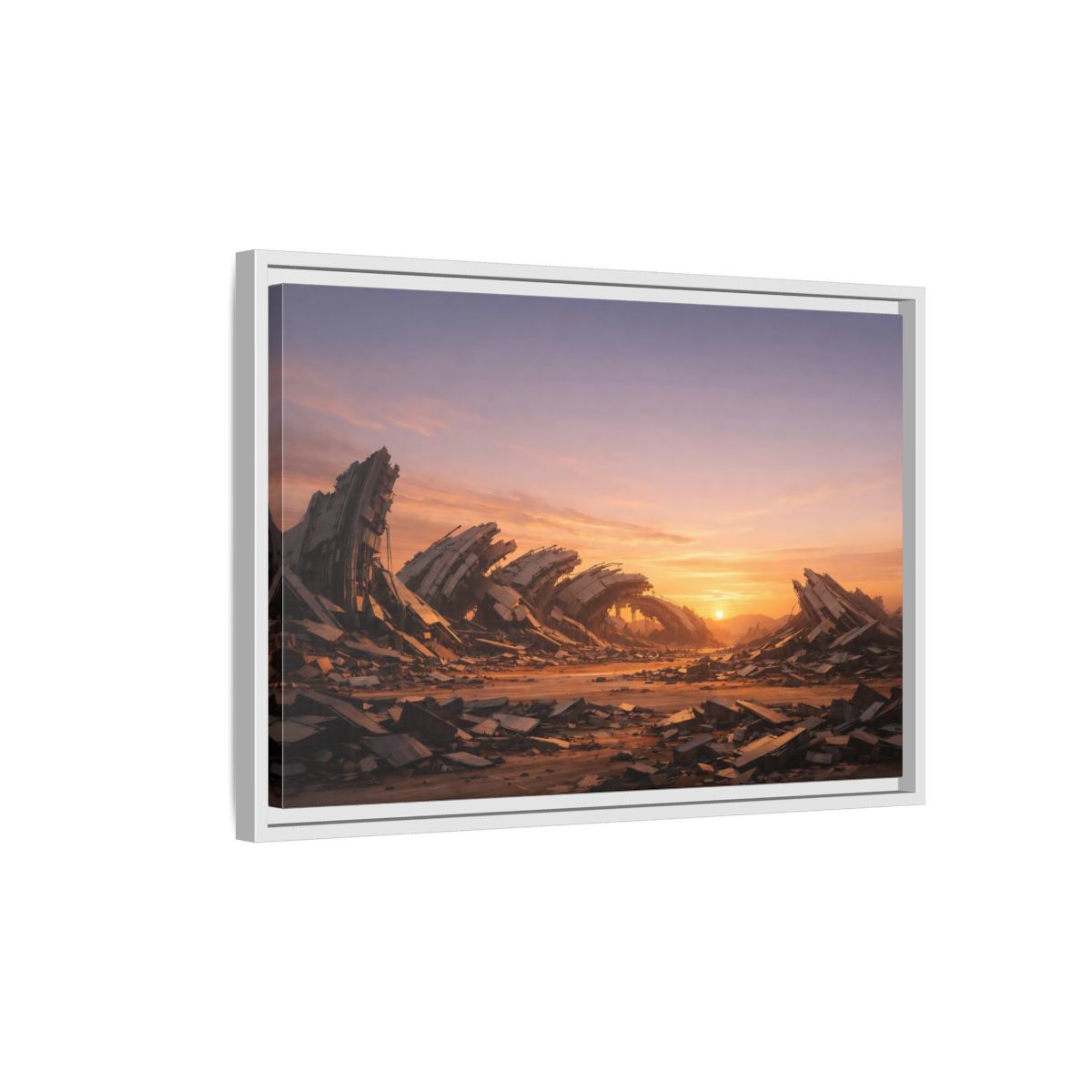 Side Mockup 1. Science Fiction Ruined City Orange And Purple shown as stretched canvas wall art