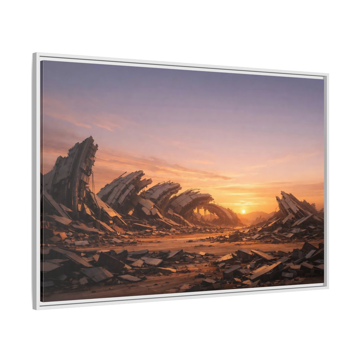 Side Mockup 7. Science Fiction Ruined City Orange And Purple shown as stretched canvas wall art